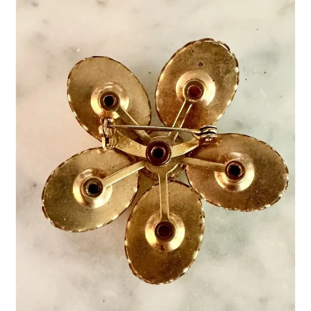 Vintage Coro Gold Tone Multicolor Confetti Lucite Flower Brooch Signed